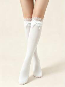 1PC/2pcs Women's Solid Color Calf-Length Socks Sweet Lace Trim Cute Bow Detail Cut-Out Socks, Breathable Lightweight Adorable Hosiery For Daily Commute - Multicolor - View 3