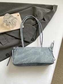 1pc Vintage Large Capacity Tote Bag, Commuter Oversized Underarm Bag, Fashion Motorcycle Handbag, PU Denim Texture, Strap Decor, Zipper Closure, Women's Shoulder Bag For Work/School/Travel/Shopping/Business, Suitable For Daily Use - Sky Blue - View 5