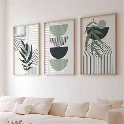 1/3 piezas Conjunto de póster de arte de pared con hojas botánicas de estilo bohemio, geométrico, minimalista, de mediados de siglo, abstracto en verde, con marco/sin marco para decoración de apartamento, sala de estar, dormitorio, decoración del hogar moderna