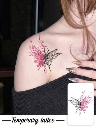 1 Tattoo Sticker, Spliced Pink Rose With Half-Black Wing Butterfly, Temporary Tattoo Sticker, Washable, PVC, Disposable, Waterproof And Sweatproof, Suitable For Arms, Waist, Abdomen, Back, Legs, Non-Reflective, Realistic Imitation Tattoo, Suitable For People, For Daily Use, Lasts 3-5 Days