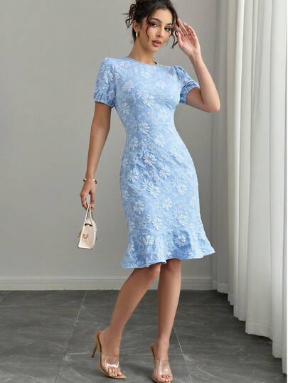 Women's Light Blue Mid-Length Elegant Floral Jacquard Dress, Suitable For Daily, Commute, Date, Afternoon Tea, Wedding, Graduation Party Vacation Summer