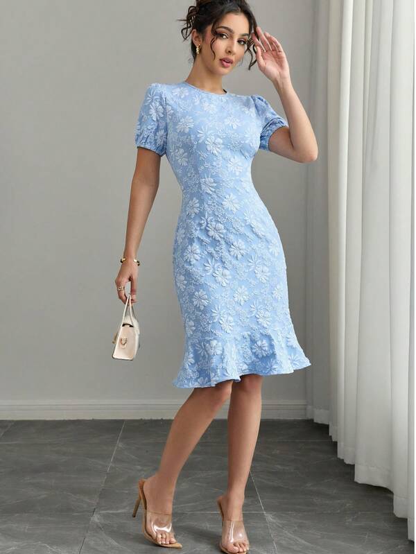 2026 Summer Elegant Jacquard Mermaid Dress, Petal Sleeve With Ruffle Hem, Light Blue