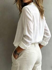Fashionable Elegant Long Sleeve Collared Shirt Women Versatile Loose Casual Commute Top Solid Color Button Front Daily Office Blouse White - White - View 5