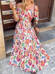 Đầm nữ thanh lịch kiểu Bohemian trễ vai, tay lửng, có túi, xếp ly nhiều lớp dáng chữ A nhuộm tie-dye, hoàn hảo cho các bữa tiệc và kỳ nghỉ, đầm hè dành cho nữ. - Trắng ngà - Xem 3