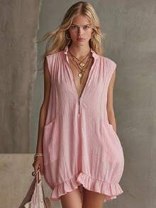 Vestido Mini Sin Mangas con Volantes, Elegante y Moderno para Verano - Rojo - Ver 1