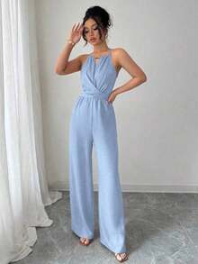 Women& # 39;S Casual Blue Wrinkled Fabric Sleeveless Halter Beaded Waist Twist Design Straight Jumpsuit Tie Bow Design At Back, Spring And Summer Royal Blue Group Purchase Sky Blue Group Buy Cerulean Blue - Màu xanh nhạt - Xem 4