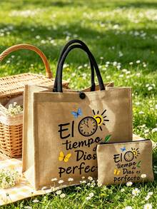 两件套亚麻手提袋 | “El-Tiempo”字母印花帆布单肩包 | 大容量购物袋，带搭扣 | 母亲节、父亲节、教师节、毕业礼物、伴娘礼物 | 春季花园派对、海滩度假、日常通勤 - 彩色 - 查看 13