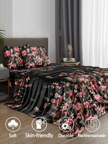 四件套黑色植物花卉美式复古印花床品套装，柔软超细纤维易护理床品套装，印花床单套装（1张床单+1条床裙+2个枕套），床裙套装，适用于单人床、双人床、大号床、特大号床，深口袋床裙设计，枕套最大可达11.8英寸，柔软透气，抗皱，奢华酒店风格，甜美少女风，送给父母、朋友的礼物 - 黑色 - 查看 2