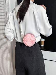 1pc Mesh Flower Crossbody Bag, Girl's Chain Small Round Shoulder Bag, Versatile For Daily Use - A - View 7