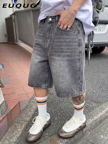 Pantalones cortos de mezclilla negros lisos con bolsillo inclinado para hombre - Gris - Ver 1
