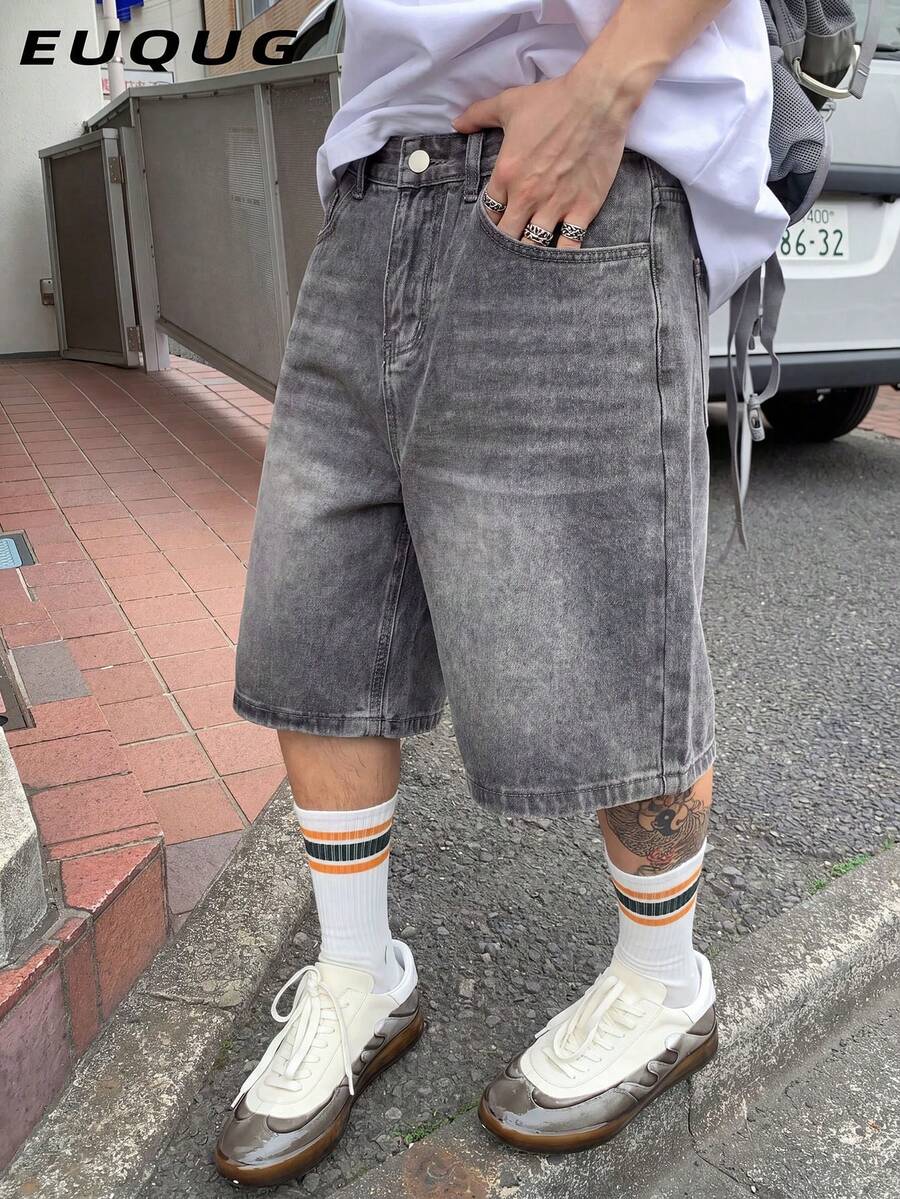 Pantalones cortos de mezclilla negros lisos con bolsillo inclinado para hombre - Gris - Ver 1
