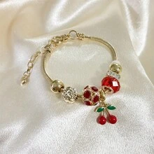 1 chiếc vòng tay đính hạt kiểu Âu Mỹ ngọt ngào với mặt dây chuyền hình bướm và quả anh đào, món quà đeo hàng ngày dành cho phụ nữ. - Bạc - Xem 7