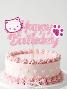 1pc Pink Glitter Cat Birthday Cake Topper, Cat Paw Cake Decoration, Suitable For Girls Children Birthday Party, Cute Cat Theme Cake Decor - Cat - View 1