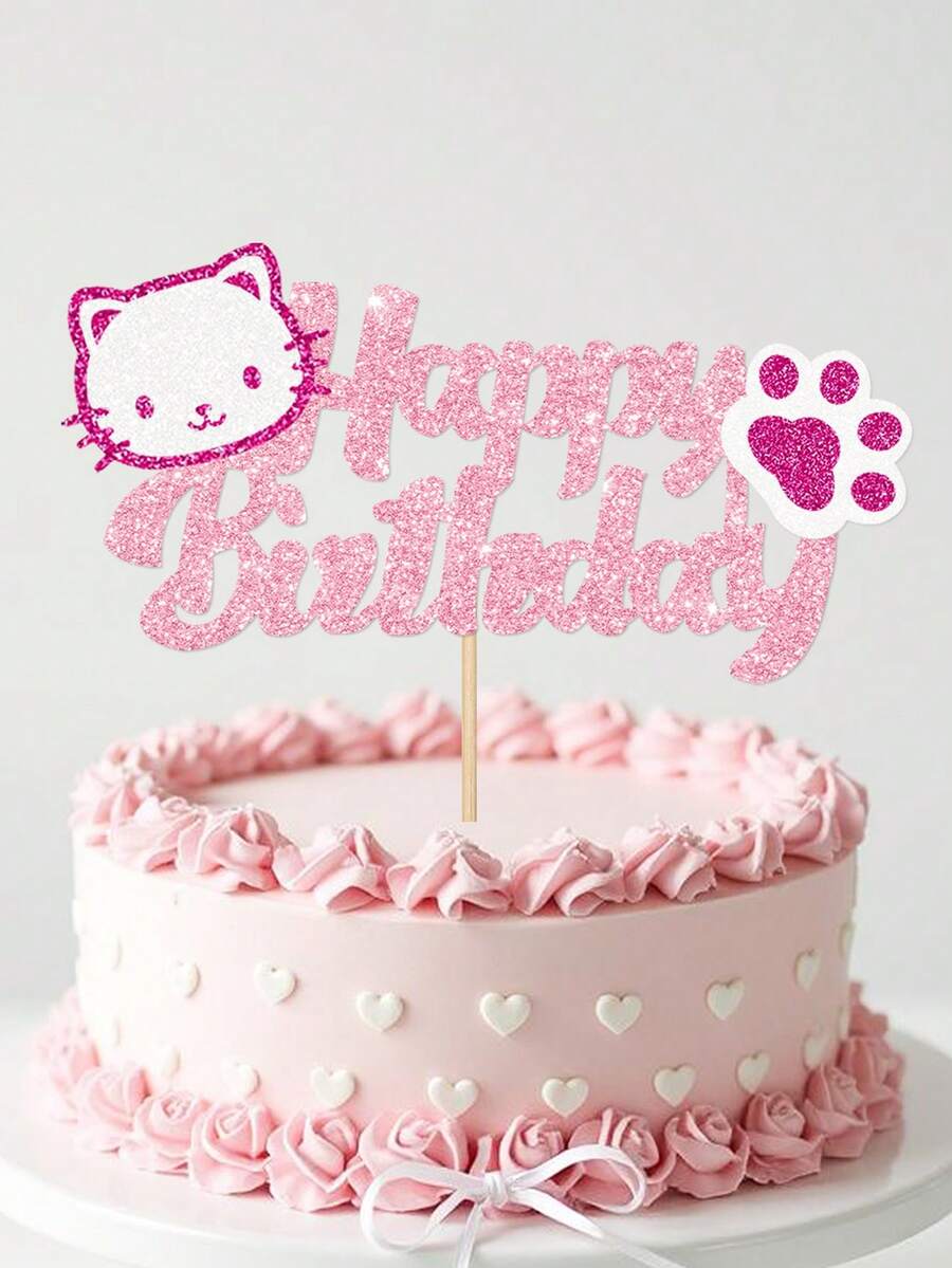 1pc Pink Glitter Cat Birthday Cake Topper, Cat Paw Cake Decoration, Suitable For Girls Children Birthday Party, Cute Cat Theme Cake Decor - Cat - View 1