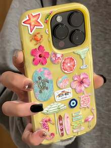 Funda de teléfono suave con textura plegada y cordón, compatible con iPhone 17 Pro Max, 16, 15, 14, 13, 12 Pro Max, 14, 15, 16 Plus, 11, con estampado de flores oceánicas de verano, caballito de mar y tortuga - Amarillo - Ver 3