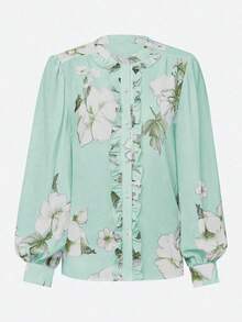 Blus Chiffon Lengan Lentera Kerah Tegak Motif Bunga Elegan untuk Musim Semi - Hijau - View 2