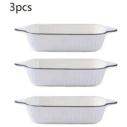 Three-Piece Ceramic Baking Tray Set, Square Clay Pot Stackable, Suitable For Lasagna/Pie/Clay Pot/Snack/Microwave/Oven, Size 26, 7x15x5cm, White Striped Pattern, High-Temperature Resistant And Durable Ceramic, Baking Supplies
