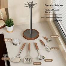 1个不锈钢厨房用具收纳架，带木质底座、可旋转、8个挂钩 - 彩色 - 查看 6