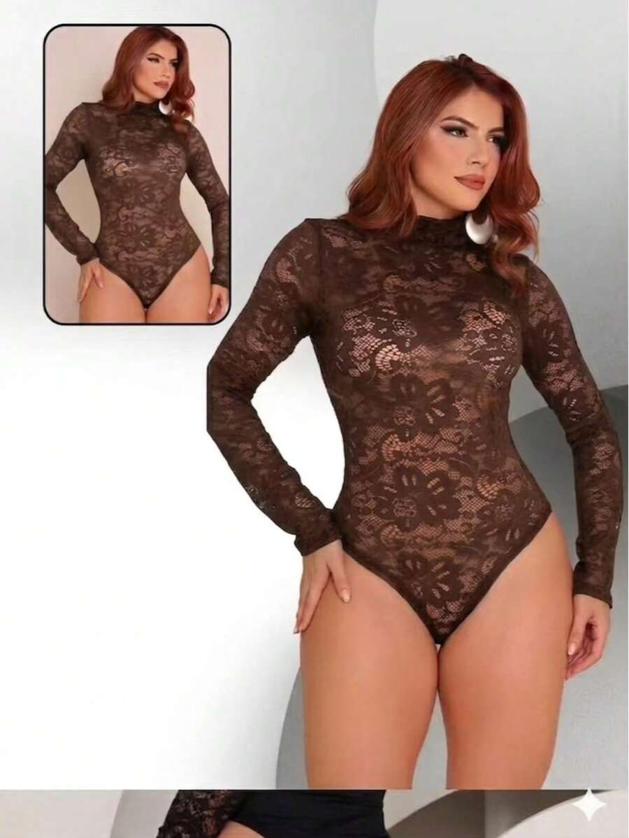Lace Bodysuit With High Neck - Winter - Fashion Look - 鏽棕色 - 查看 1
