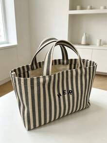 Casual Minimalist Letter Canvas Tote Bag, Striped Pattern Handbag, High Cost-Effective For Outdoor Shopping, Fashion Versatile Suitable For Moms, Students, Office Workers - Grey - View 2