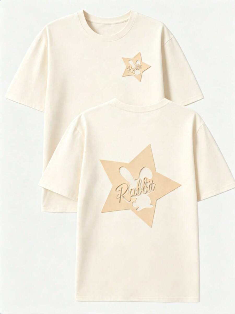 1 Piece Package: Men's 100% Cotton Crew Neck T-Shirt, Casual Style With Letter Print And Rabbit Design On Both Sides - Summer Short Sleeve T-Shirt, Crew Neck, Rabbit Design On Front And Back, Regular Fit, Suitable For Gym, Outdoor Activities And Daily Wear - Easy Clean Summer Essential, Daily Casual Outfit, Versatile Men's T-Shirt. - 杏色 - 查看 1