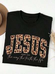 Camiseta Casual de Talla Grande con Estampado Vintage de Leopardo y la Frase "JESÚS FE" - Negro - Ver 3