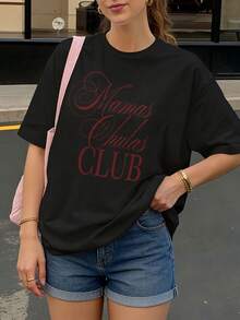Camiseta Oversize Negra con Estampado Mamas Chulas Club para Mujer Casual Verano - Negro - Ver 1