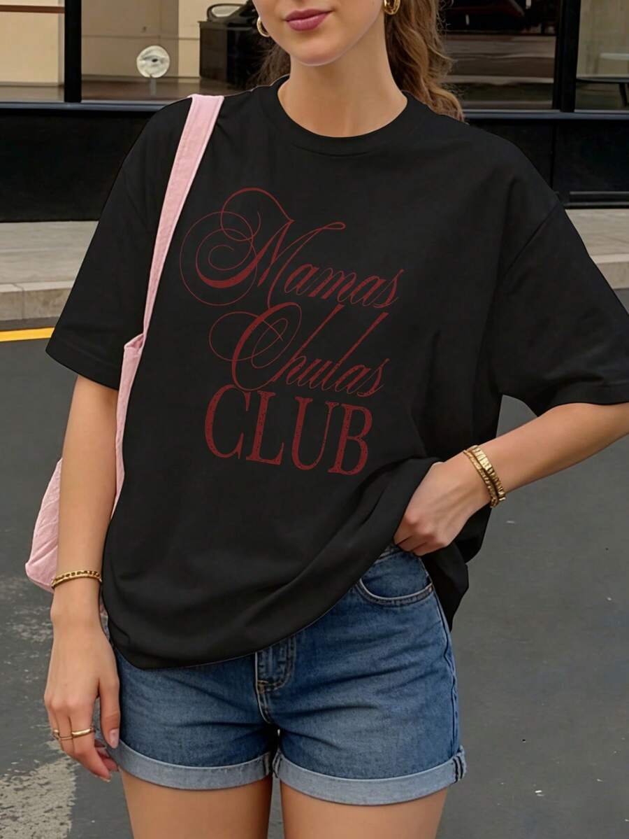 Camiseta Oversize Negra con Estampado Mamas Chulas Club para Mujer Casual Verano - Negro - Ver 1