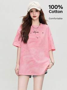 Camiseta de mujer casual JUTU+ de primavera/verano, de cuello redondo, holgada, de nueva moda, de manga corta, de color rosa claro, holgada, con estampado de lunares versátil y estampado de pintura de tinta - 0A66 rosa claro-1008 negro - Ver 1