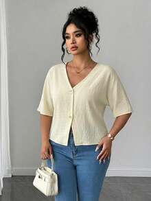 PARARAL Ropa Casual de Verano para Mujer Talla Grande - Top de Manga Corta con Tela Texturizada Estilo Vacaciones, Top de Verano para Mujer, Ropa de Vacaciones para Mujer, Top Casual para Mujer, Top de unicolor para Mujer - Albaricoque - Ver 2