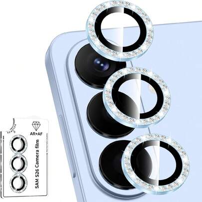 闪亮镜头保护膜，适用于三星 Galaxy S26/S26 Plus/S26 Ultra，闪亮水晶手机摄像头保护盖，防水、防摔、防指纹、全覆盖，摄像头镜头保护膜，镜头保护膜，定位安装简便，9H 硬度钢化玻璃，防刮耐磨，优雅时尚，紫色、蓝色、银色、黑色等多种颜色可选。