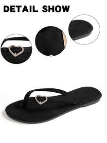 Ladies' Love Diamond Buckle Black Flat Bottom Flip Flops Beach Vacation European And American Style Beach Shoes - Black - View 6