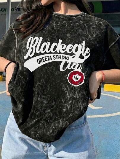 Áo thun nữ cổ tròn tay ngắn, in chữ mùa hè mới, kiểu dáng rộng rãi, đa năng, thời trang mặc hàng ngày.