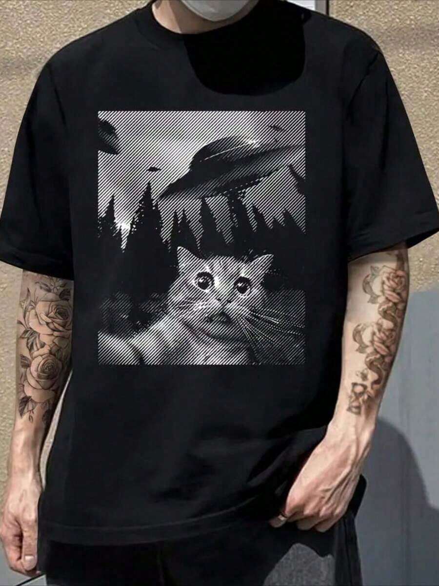 GiftCAT ET Y2K Style Graphic Print Cotton T-Shirt - Soft And Comfortable Crew Neck Short Sleeve Top With Eye-Catching Portrait Print, Hip Hop Streetwear For All Seasons.| Crew Neck T-Shirt| Soft Cotton Shirt - 黑色 - 查看 1