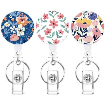 Bộ 3 kẹp thẻ có cuộn dây rút, thích hợp cho nhân viên văn phòng, giáo viên, y tá, sinh viên (mẫu hoa)