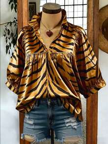 Áo sơ mi nữ dáng rộng thoải mái mùa xuân/hè với tay chuông và họa tiết da báo. - Màu vàng - Xem 1