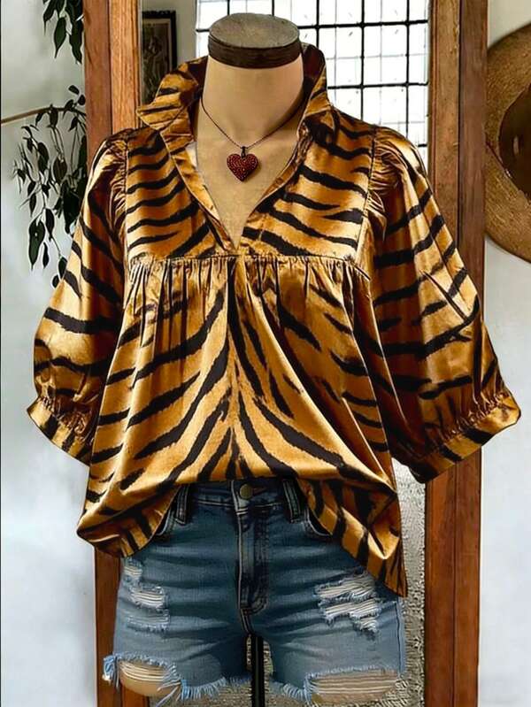 女士休闲春夏宽松衬衫，喇叭袖，斑马纹印花