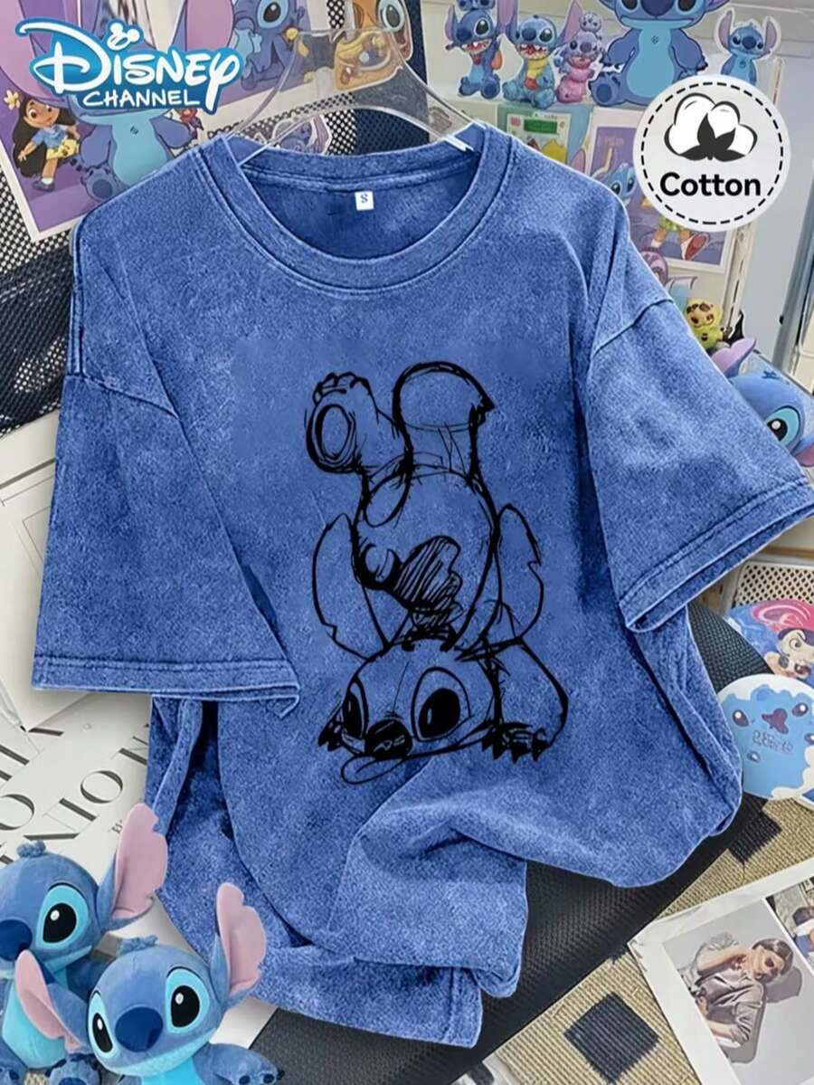 Disney Lilo And Stitch' Pattern Women'S T-Shirt, Fabric Comfortable AndBreathable, Women'S Round Neck Short Sleeve T-Shirt, Casual RetroWomen'S Top - 寶藍色 - 查看 1