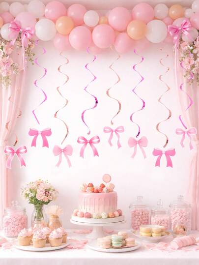 8Pcs Pink Bow Paper Spiral Pendant,Happy Birthday Banners And Spiral Decorations,Durable Paper Ribbon, Can Be Used For Background Decoration, Bow Birthday Background, Pink Bow Birthday Decoration,Bachelorette & Bridal Shower & Babyshower Party Decorations, Girl Welcome Party Decoration, Gender Reveal Party Decoration, One Year Old Birthday Party Decoration Supplies, Newborn Party Decoration