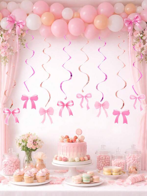 8 pièces Pendentif en papier spiralé avec nœud rose, banderoles d'anniversaire joyeux et décorations spiralées, ruban en papier durable, peut être utilisé pour la décoration d'arrière-plan, décoration d'anniversaire avec nœud rose, décoration d'anniversaire rose, décorations pour enterrement de vie de jeune fille, douche de bébé et de mariée, décoration de fête de bienvenue pour fille, décoration de révélation de , décoration de fête d'anniversaire d'un an, fournitures de décoration de fête de nouveau-né