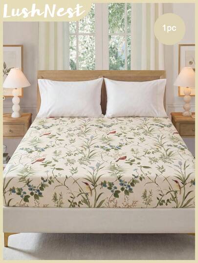 1 pieza Sábana ajustada con estampado de flor y rama de pájaro, suave poliéster con patrón nostálgico, transpirable y lavable a máquina, estilo vintage, ropa de cama floral, hogar retro