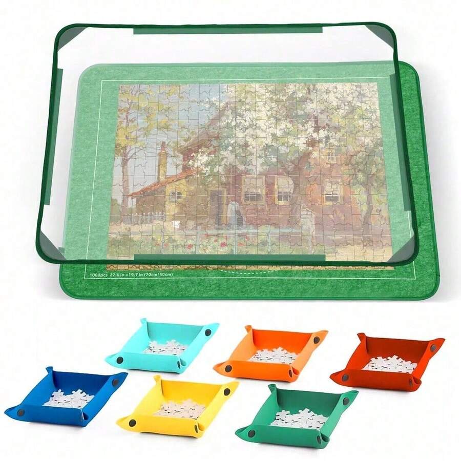 Jigsaw Puzzle Board 1000 Pieces, 32"X22" Storage With 6 Sorting Trays & Cover UK - Green - View 1