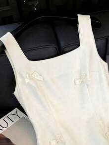 Vestido mini de estilo francés con tirantes de acetato y lazo, vestido elegante con cintura ceñida en color albaricoque, adecuado para fiestas, graduaciones, vacaciones, San Valentín, festivales de música, Día de la Madre, Acción de Gracias, Pascua, Día Nacional, bailes, citas, bodas, salidas - Albaricoque - Ver 3