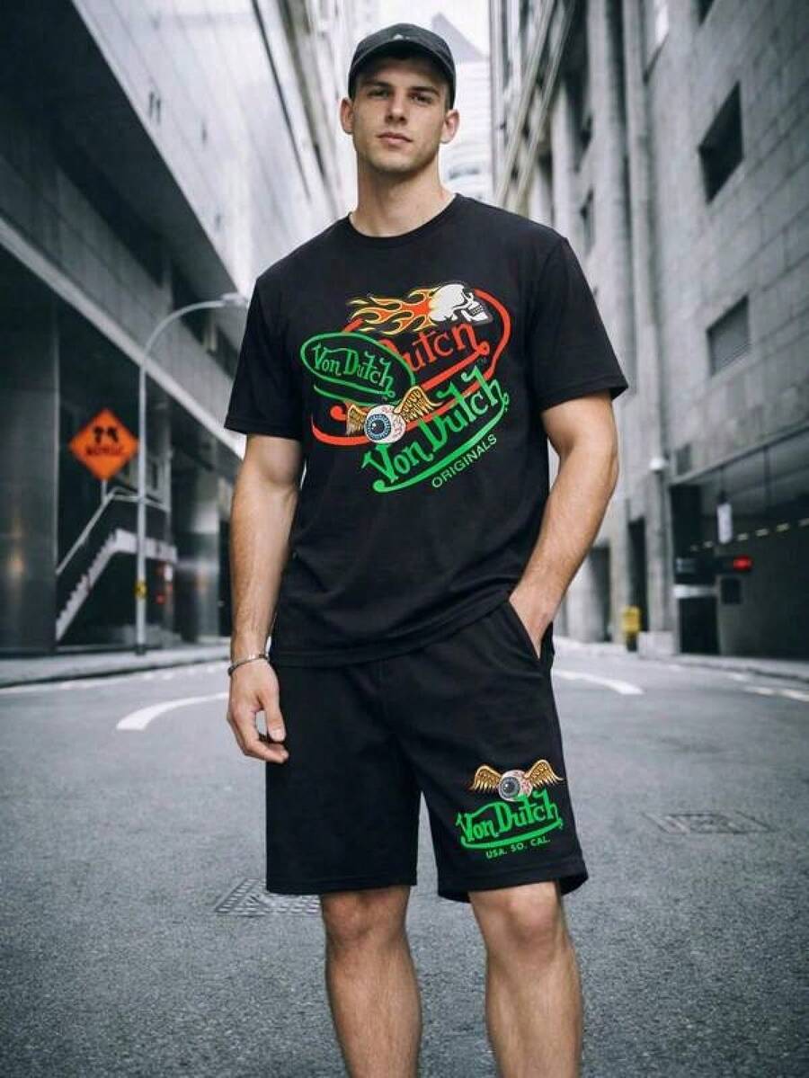 (2pc)  Pure Cotton Set. 2pcs Men Creative Black Casual Print T Shirt And Shorts Set With Vons Dutchs Logo And Eagle Design Streetwear Style For Urban Outfits Soft Fabric Breathable Comfortable Wear For Daily Use And Outdoor Activities. 100% Pure Cotton Short-Sleeve T-Shirt Set - 黑色 - 查看 1
