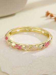 1pc Fashion New Style Gold Plated Exquisite Rhinestone Flower Pattern Enamel Cloisonne Bracelet Bangle Jewelry Gift For Girls Women, Pink - Pink - View 4