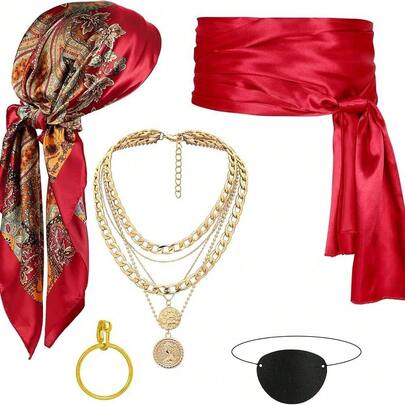 5-Piece Pirate Costume Accessory Set, Including Pirate Bandana, Pirate Belt, Necklace, Eye Patch, And Earring, Suitable For Cosplay, Masquerade, Halloween, And Other Occasions.