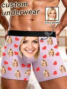1 chiếc quần lót nam kiểu boxer in hình trái tim đỏ theo yêu cầu, màu đen, co giãn, thoáng khí, ngộ nghĩnh, cá nhân hóa, thích hợp làm quà tặng/kỷ niệm. - Nhiều màu - Xem 1