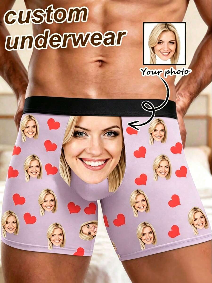 1 chiếc quần lót nam kiểu boxer in hình trái tim đỏ theo yêu cầu, màu đen, co giãn, thoáng khí, ngộ nghĩnh, cá nhân hóa, thích hợp làm quà tặng/kỷ niệm. - Nhiều màu - Xem 1