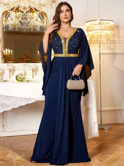 优雅深V领亮片蕾丝雪纺蝴蝶袖拼接金色缎面褶皱前摆鱼尾裙摆正式派对长裙，适合婚礼宾客、生日、毕业典礼、晚宴等场合。