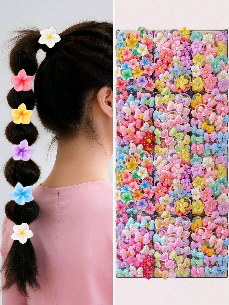 30个/包 彩色花朵、蛋糕、水果、蝴蝶结造型弹力发圈，可爱耐用，适合日常使用